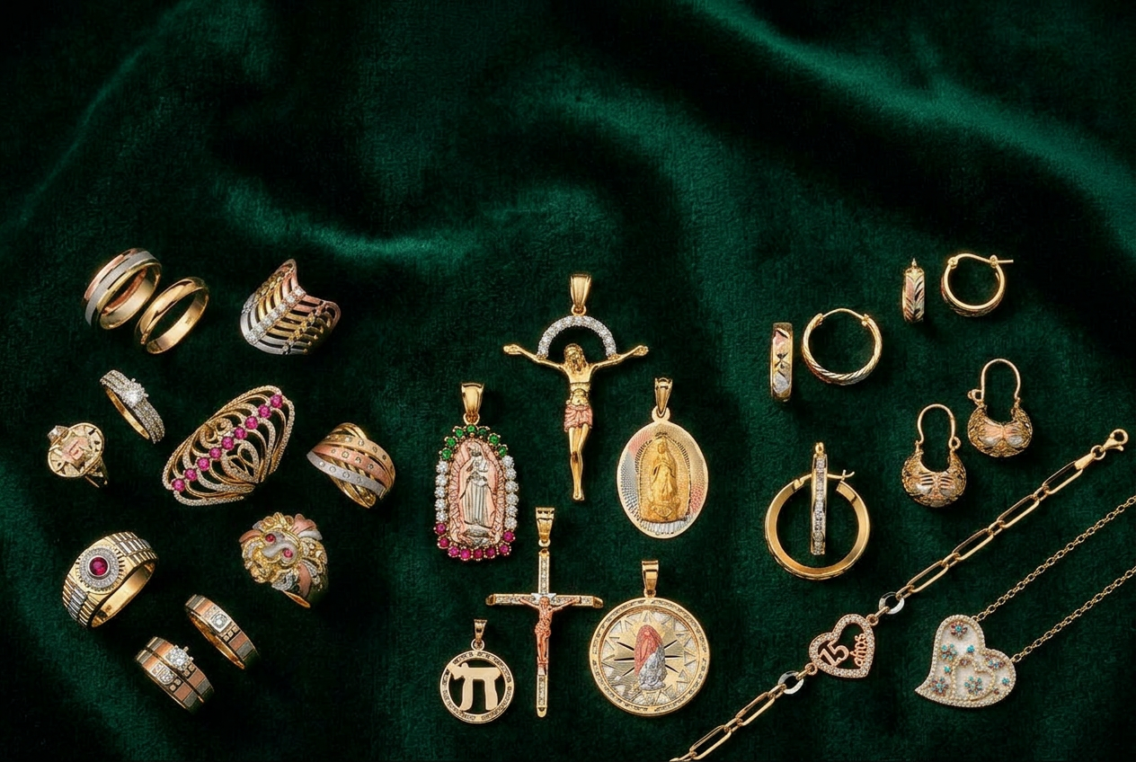 Editorial close-up of stacked 14K gold Cuban link bracelets on deep emerald velvet
